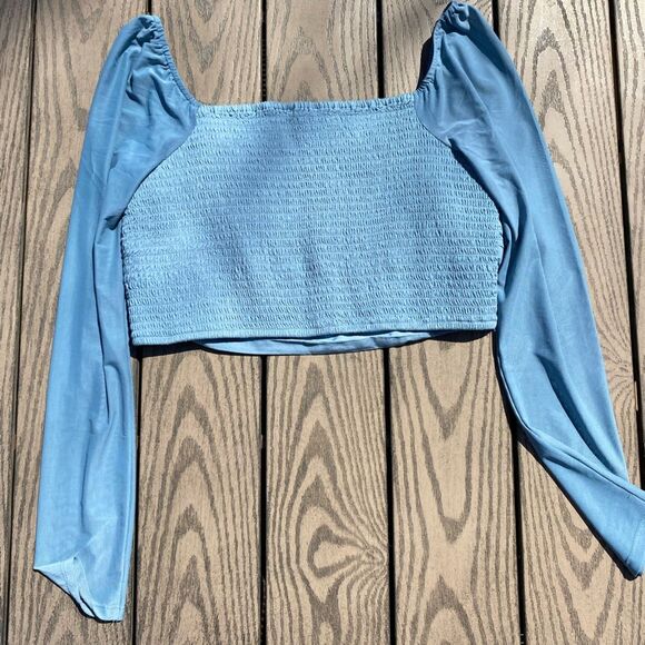 American Eagle large blue sheer cropped ruched mesh sleeve blouse - Picture 5 of 7